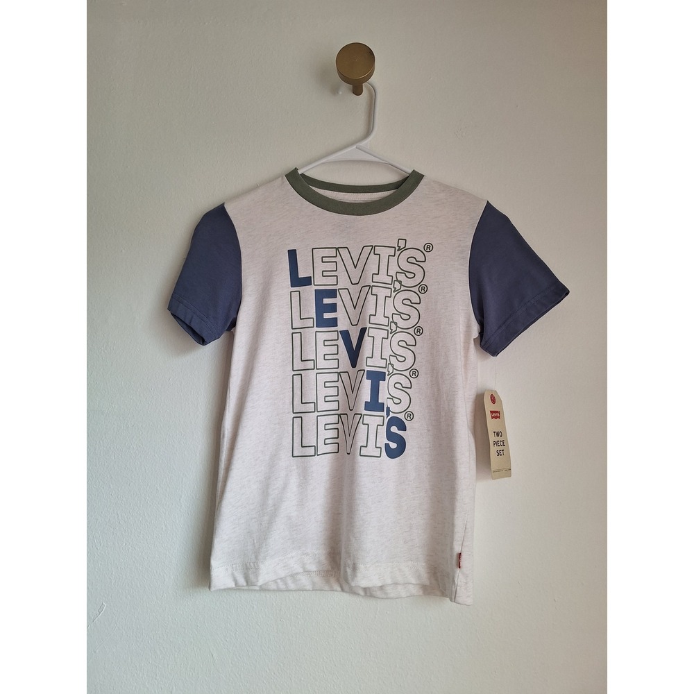 Levis Kids 2 Piece Set Graphic Ringer T-Shirt and Shorts Olive‎ Blue Gray Size S